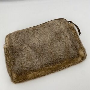 Restoration Hardware Laptop Sleeve Women OS Brown Faux Fur Zip Pouch‎ Case RH